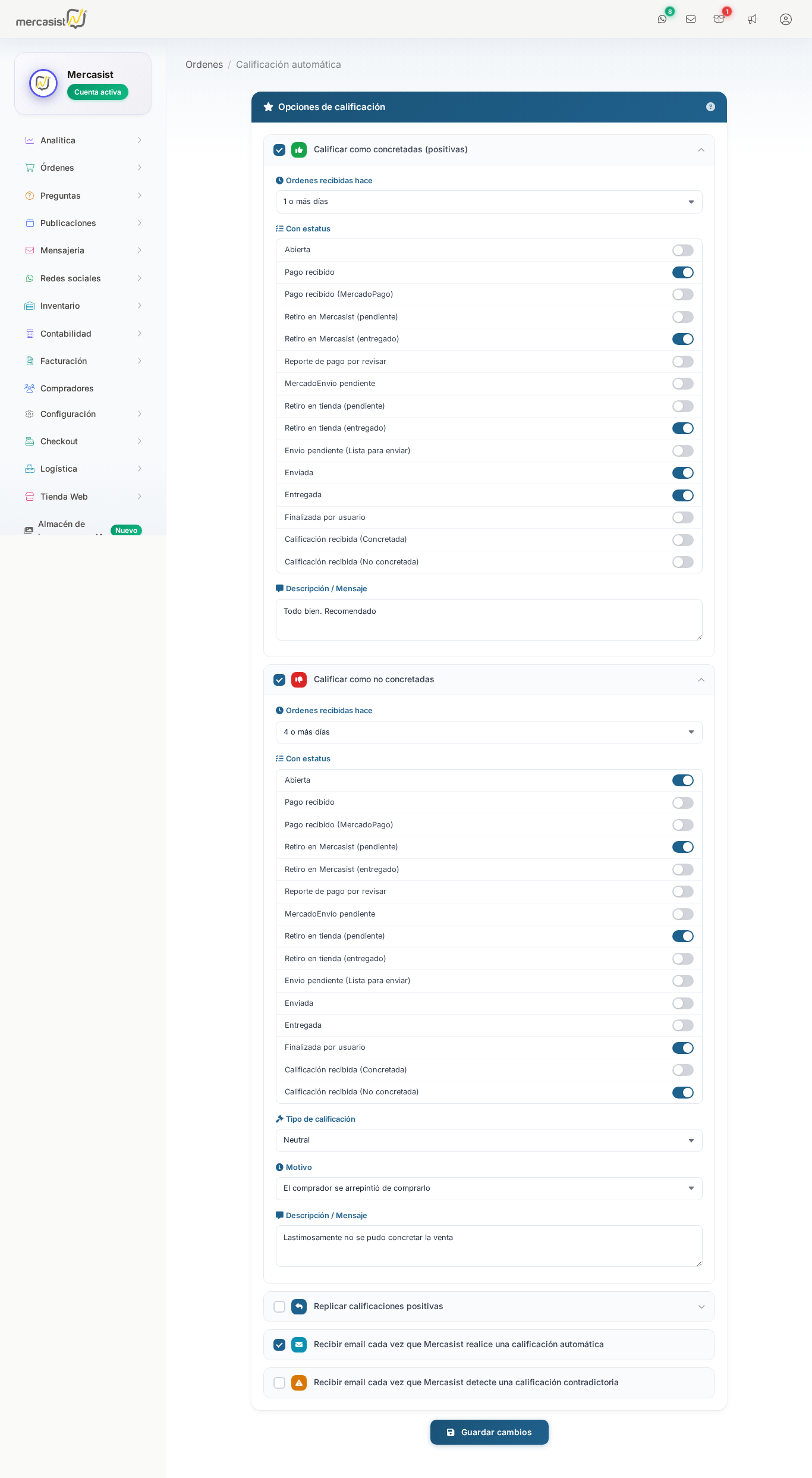 Pagina de configuracion de calificacion automatica