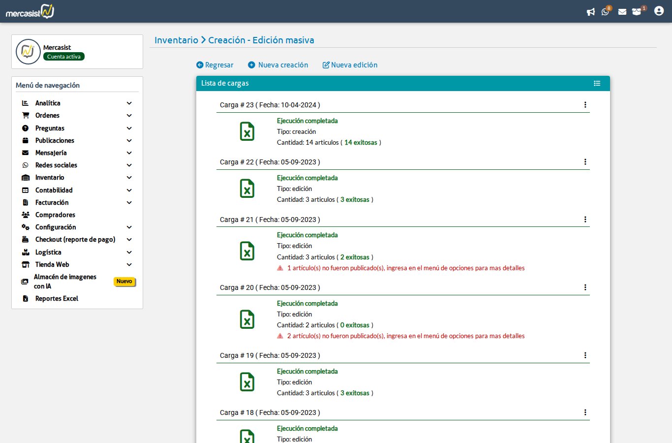 Lista de cargas de inventario