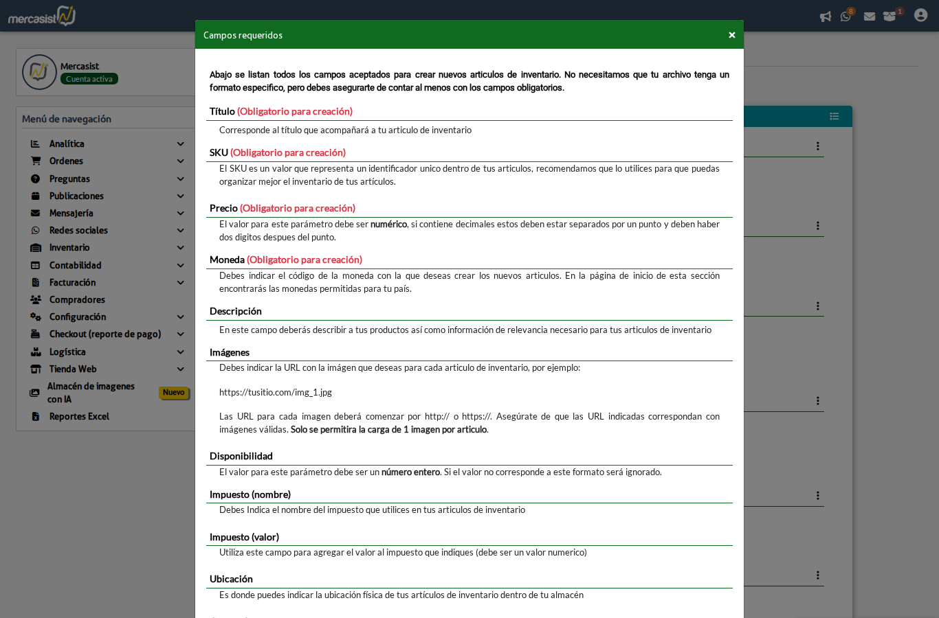 Modal de campos requeridos