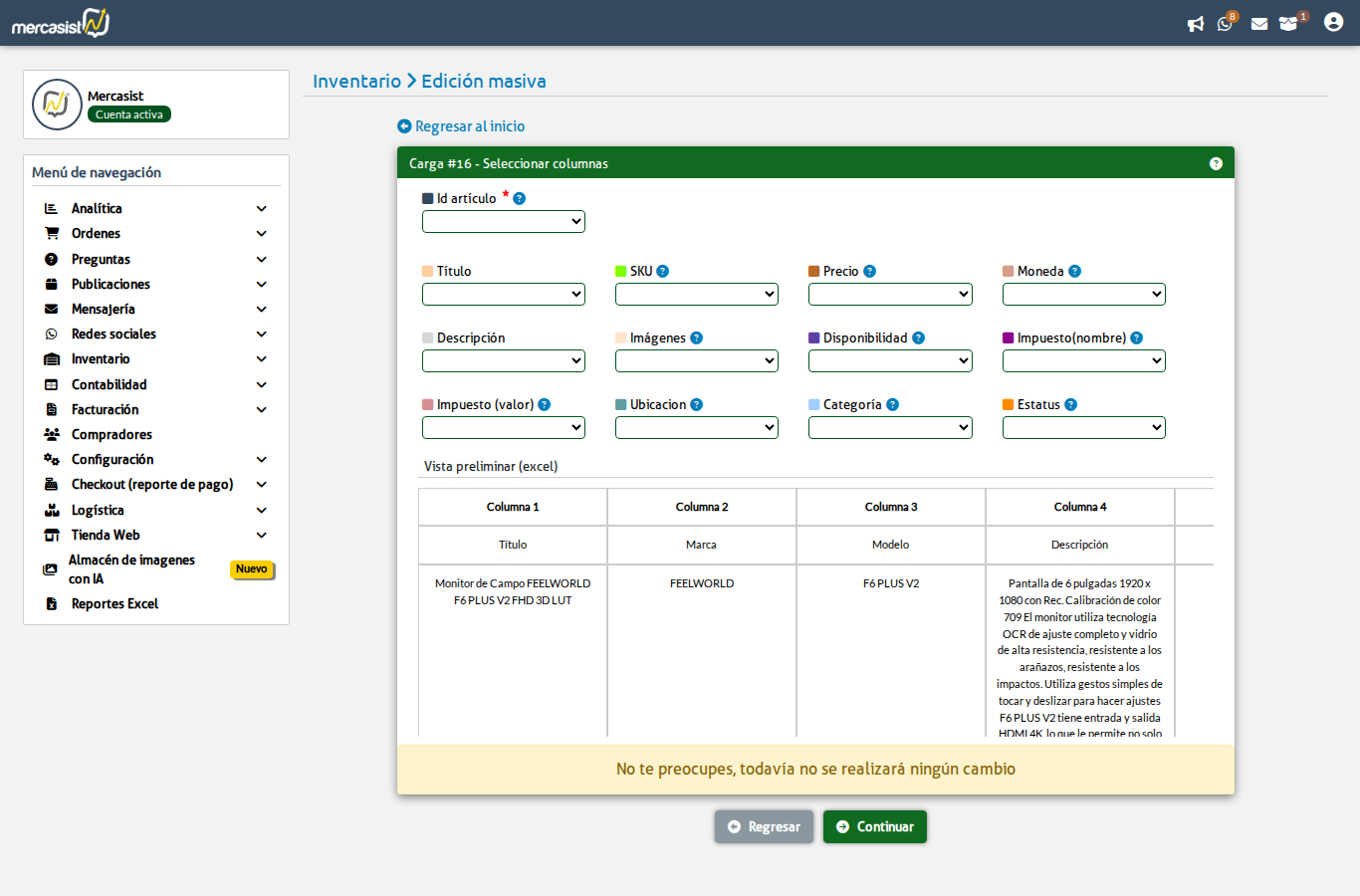 Pagina de seleccion de columnas