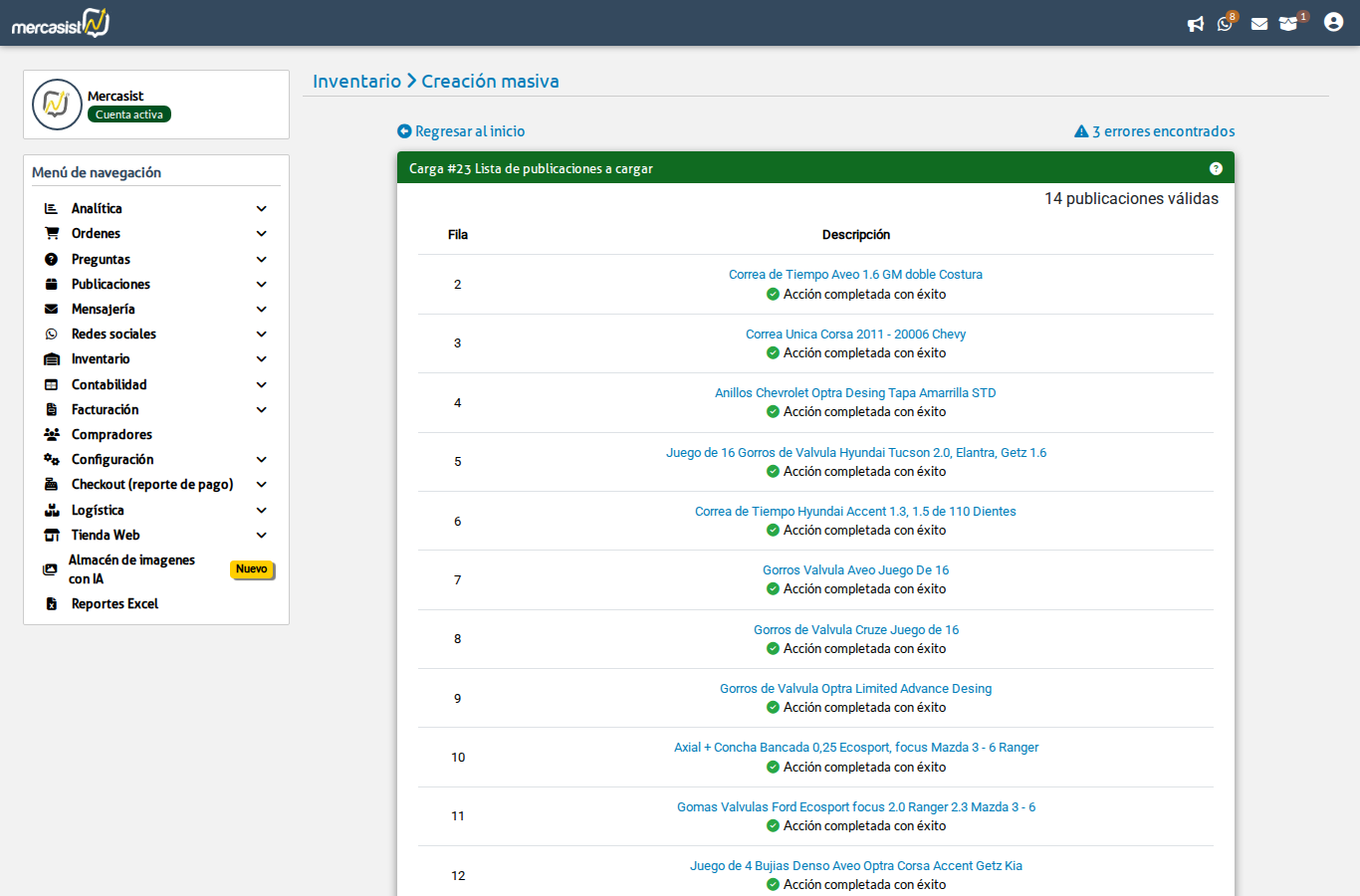 Lista de acciones a realizar