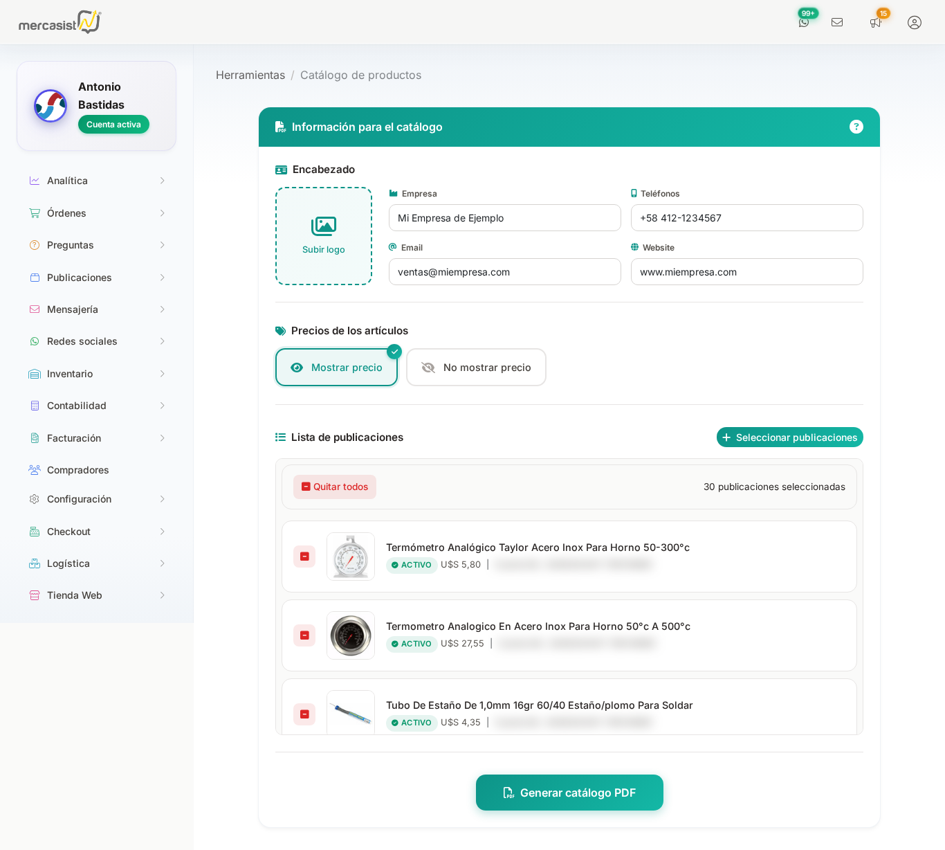 Lista de articulos seleccionados