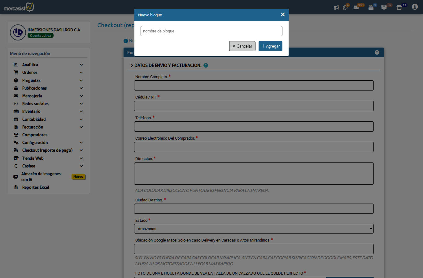 Modal para crear nuevo bloque