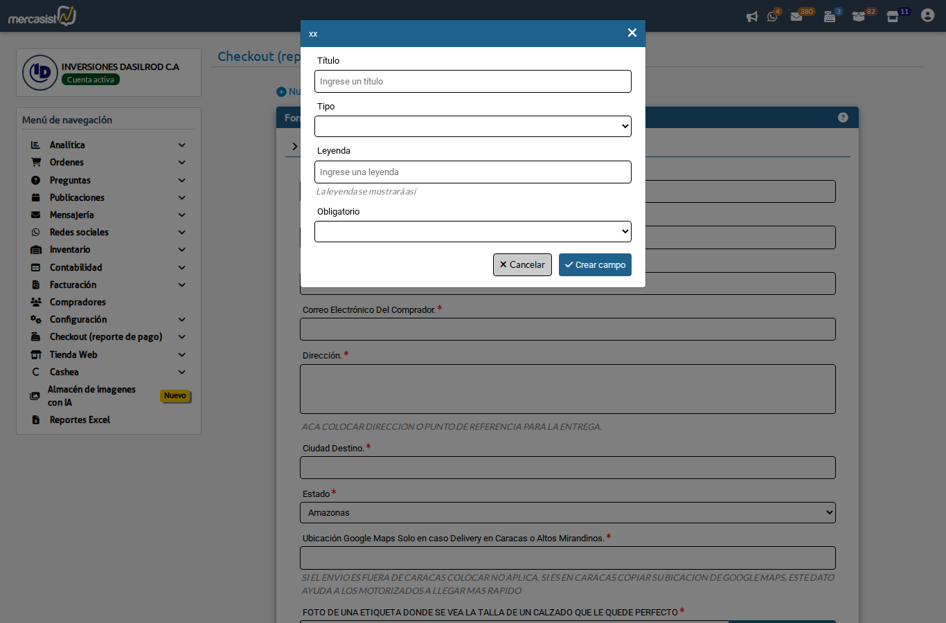 Modal para crear nuevo campo