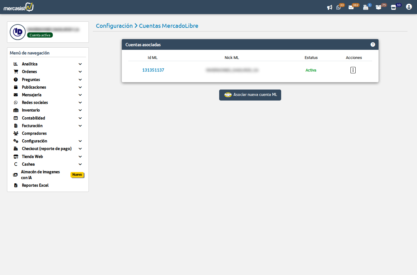 Vista principal de Cuentas MercadoLibre