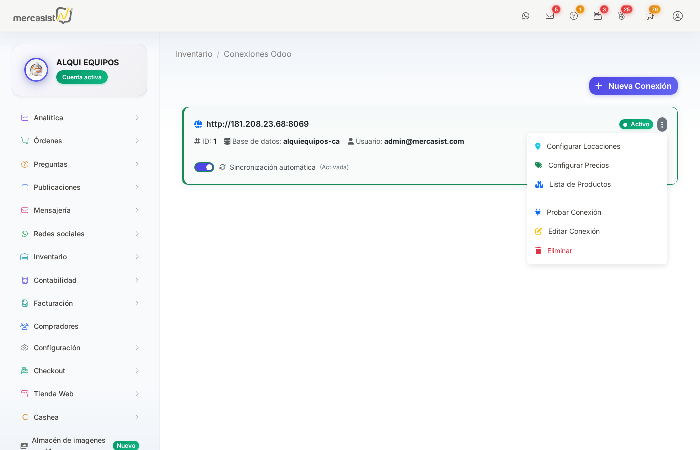 Menu de opciones de conexion Odoo