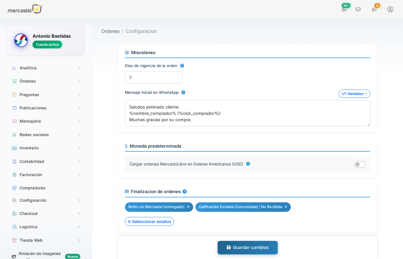 Pantalla de Configuracion de Ordenes