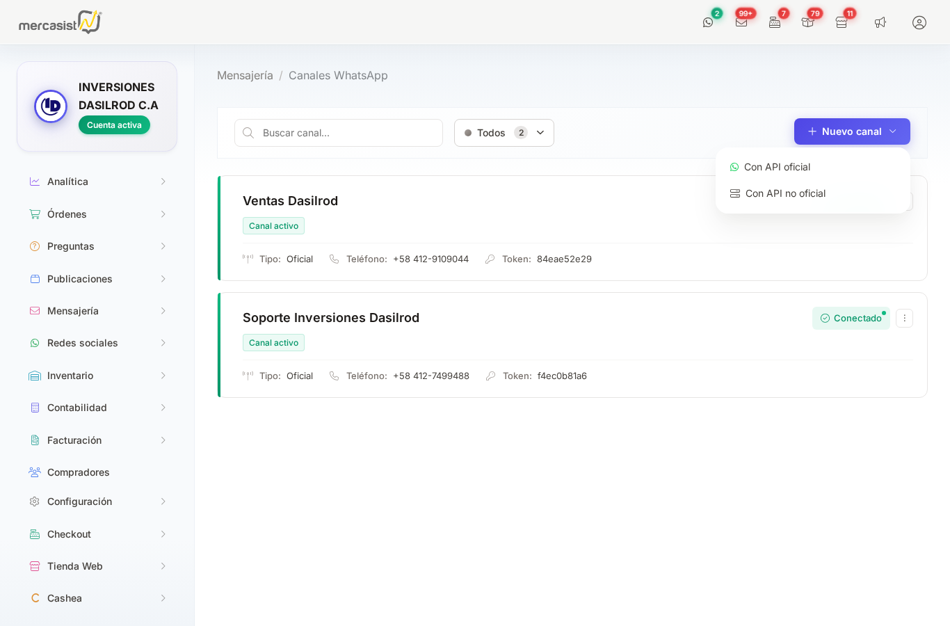 Dropdown Nuevo Canal