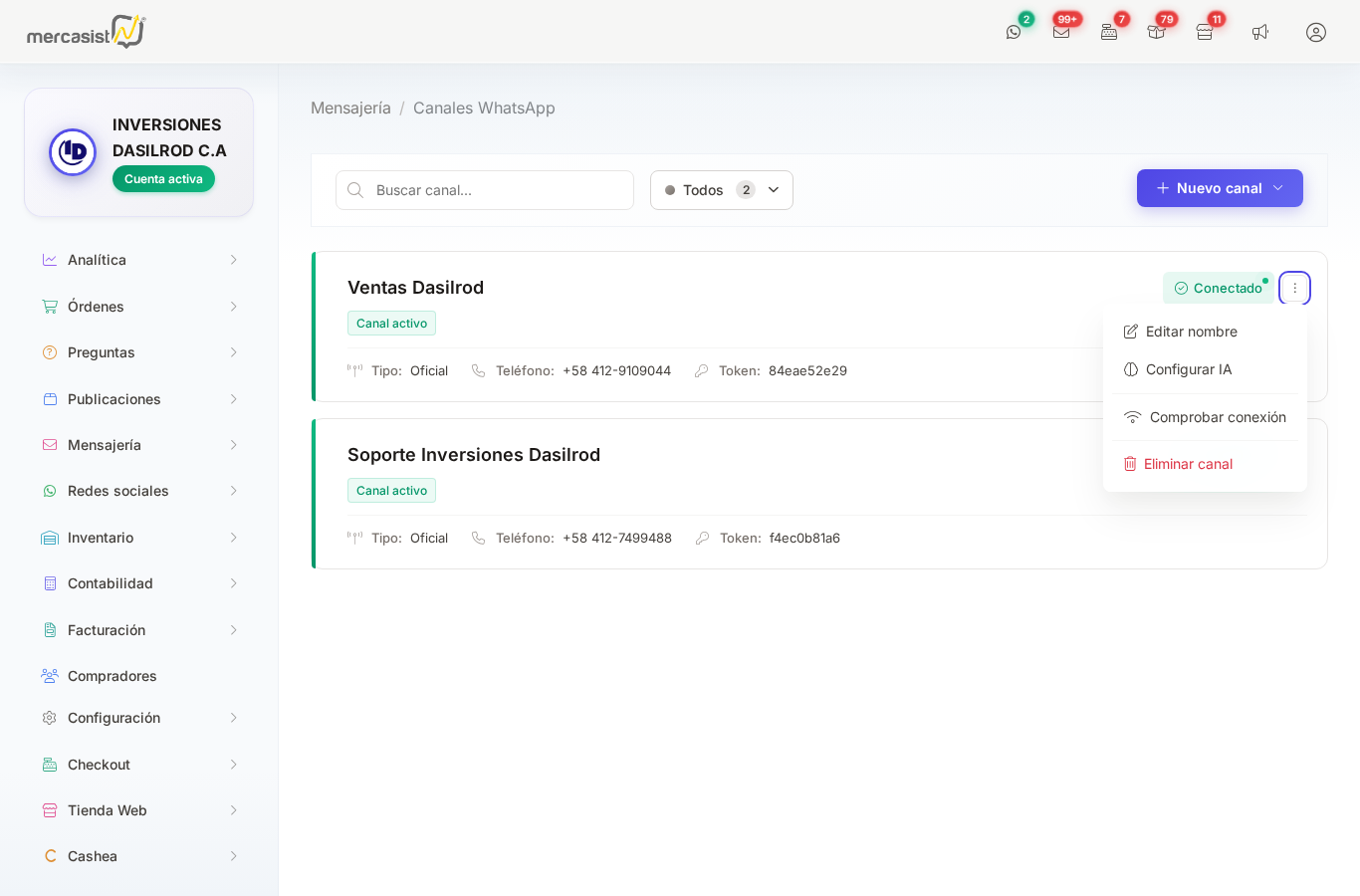 Menú de opciones del canal oficial