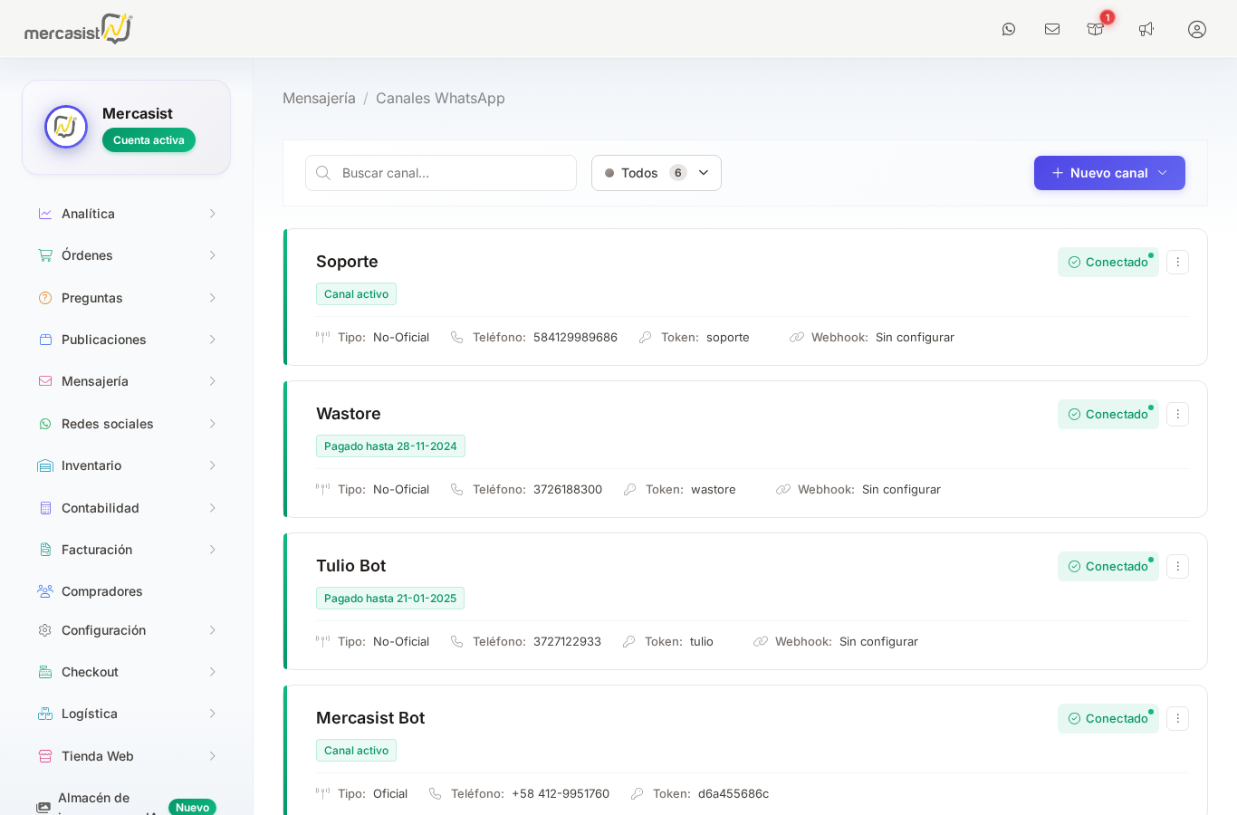Página principal de Canales WhatsApp