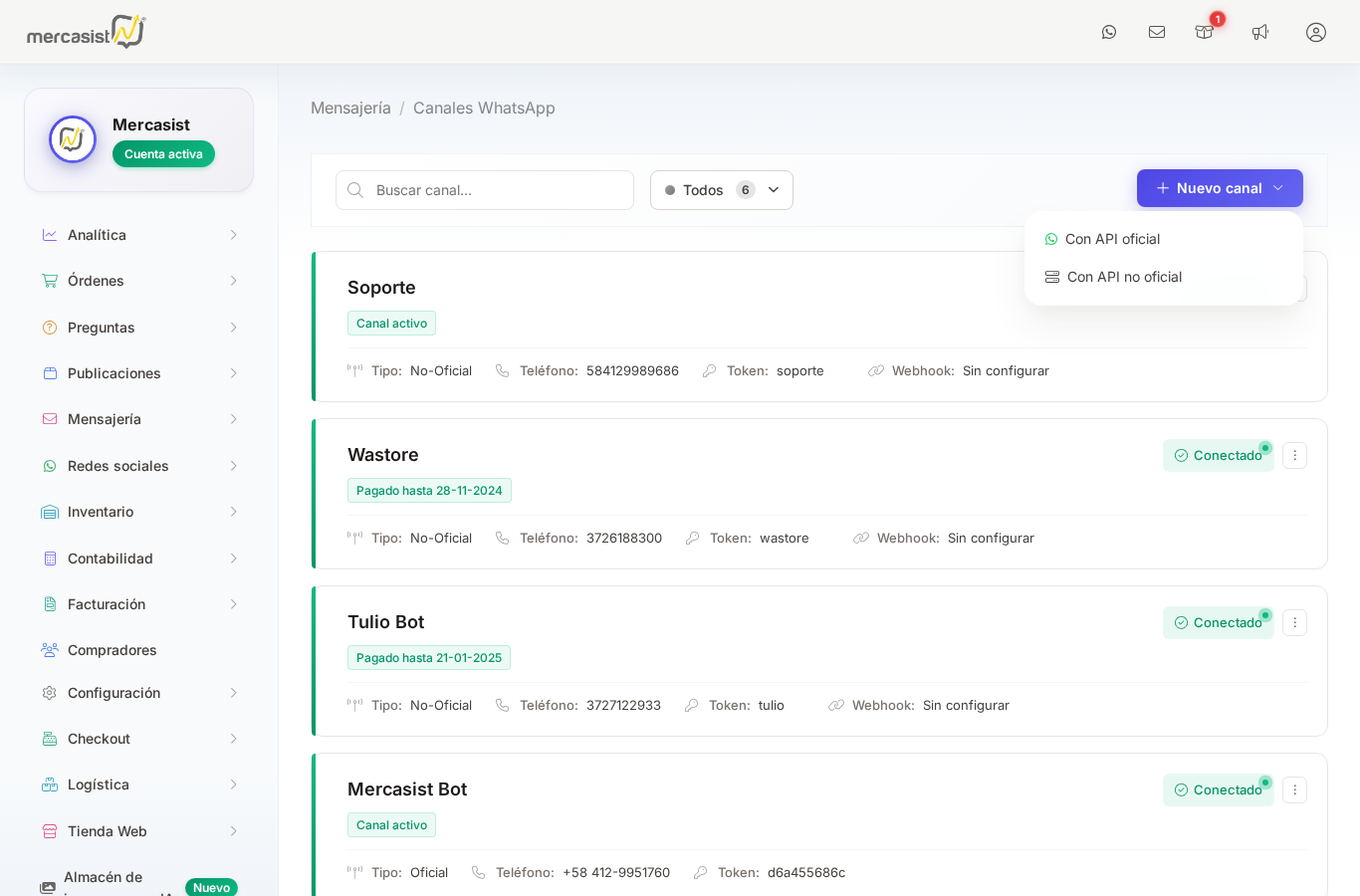Dropdown Nuevo Canal