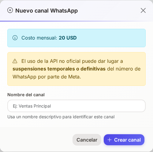 Modal para crear nuevo canal