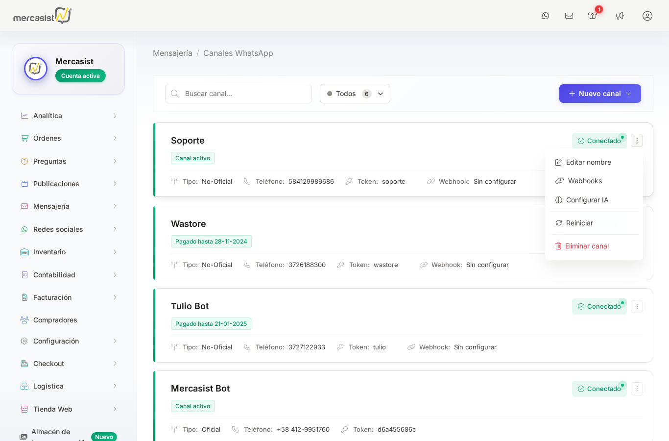 Menú de opciones del canal