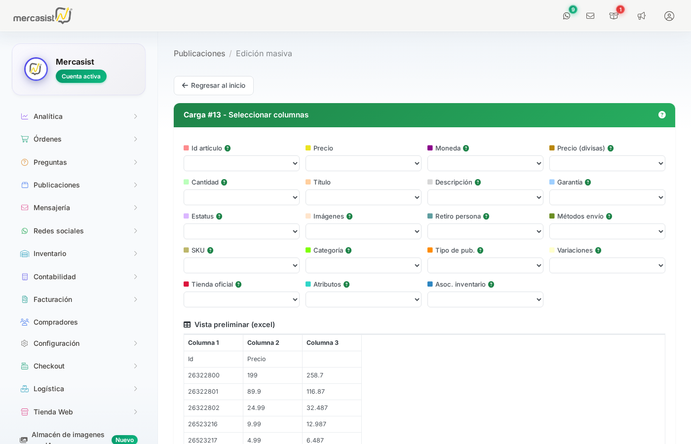 Pantalla de seleccion de columnas