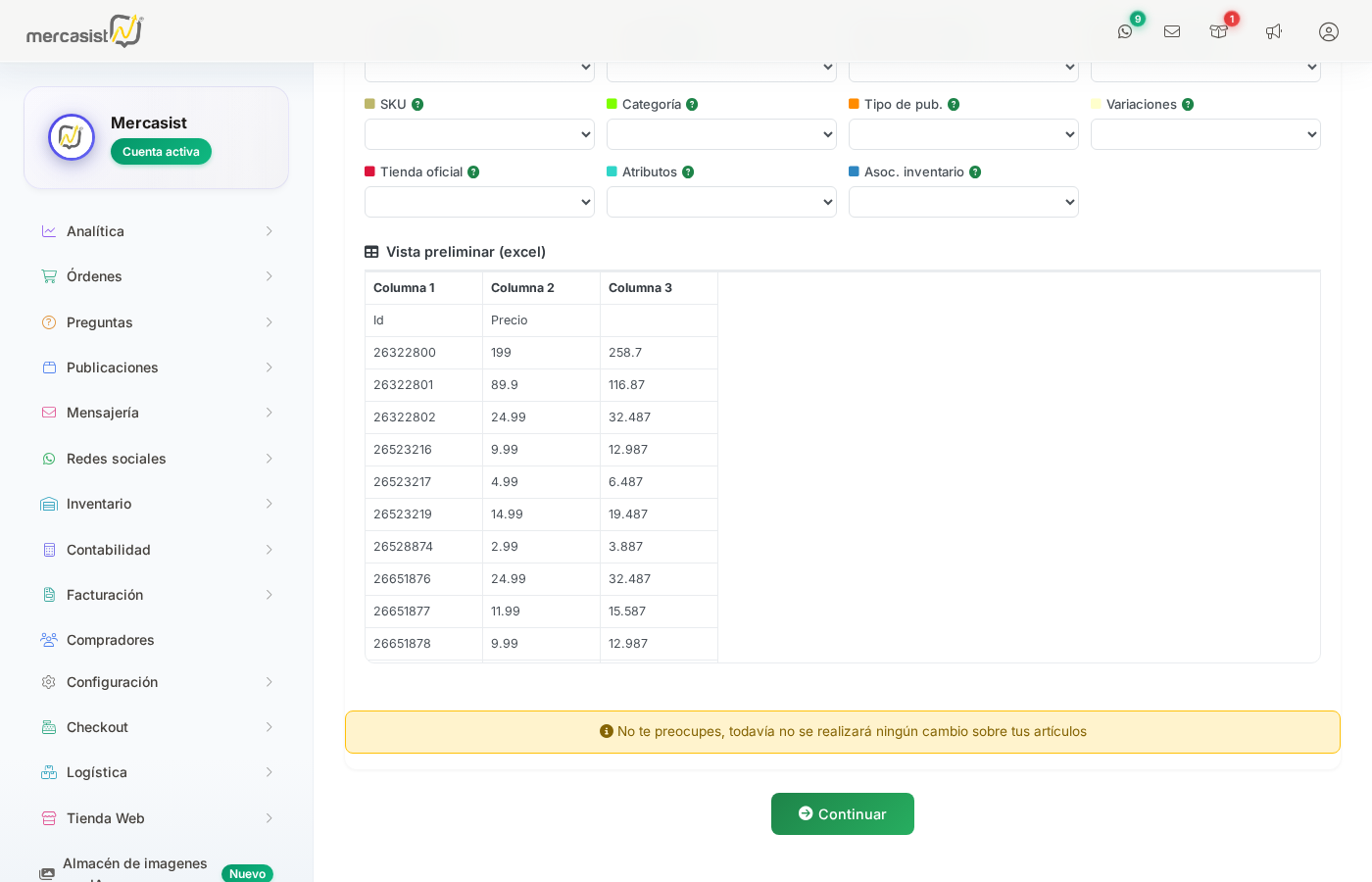 Vista preliminar del Excel y boton Continuar