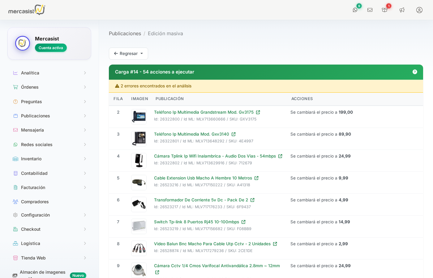 Lista de acciones a ejecutar
