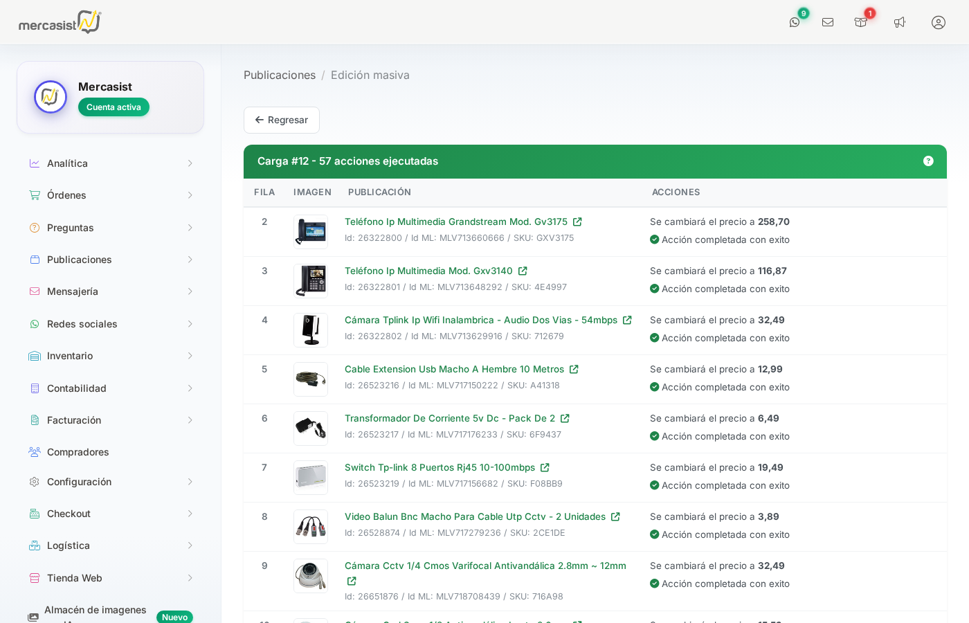 Acciones ejecutadas con resultados