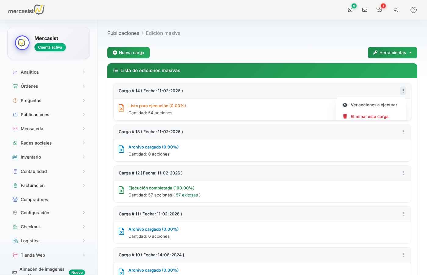 Menu de opciones de una carga