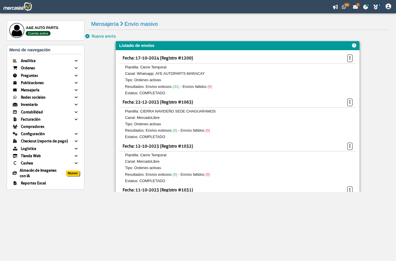 Listado de envios masivos