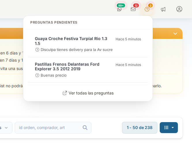 Dropdown de preguntas pendientes