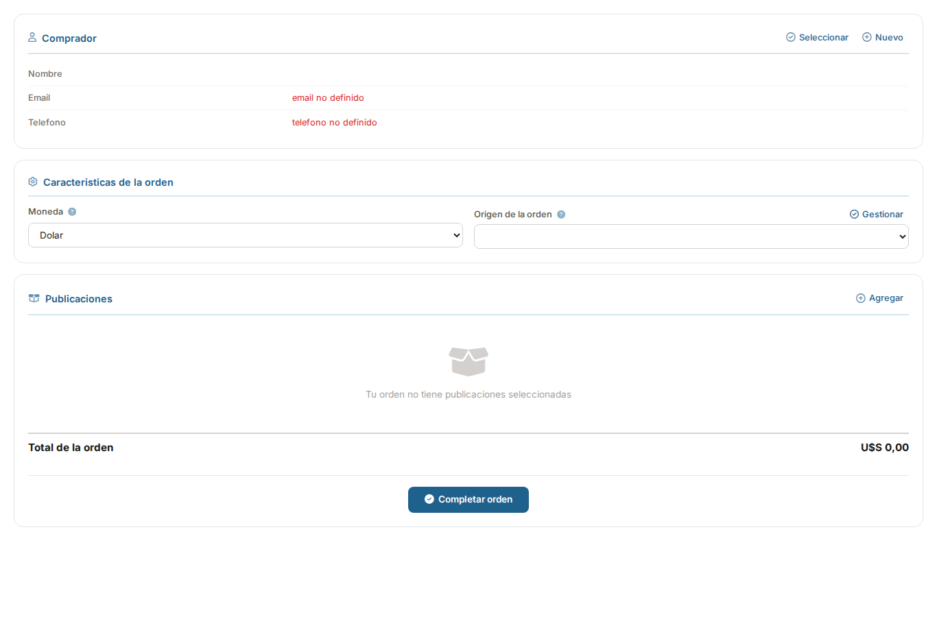 Formulario de crear orden vacio