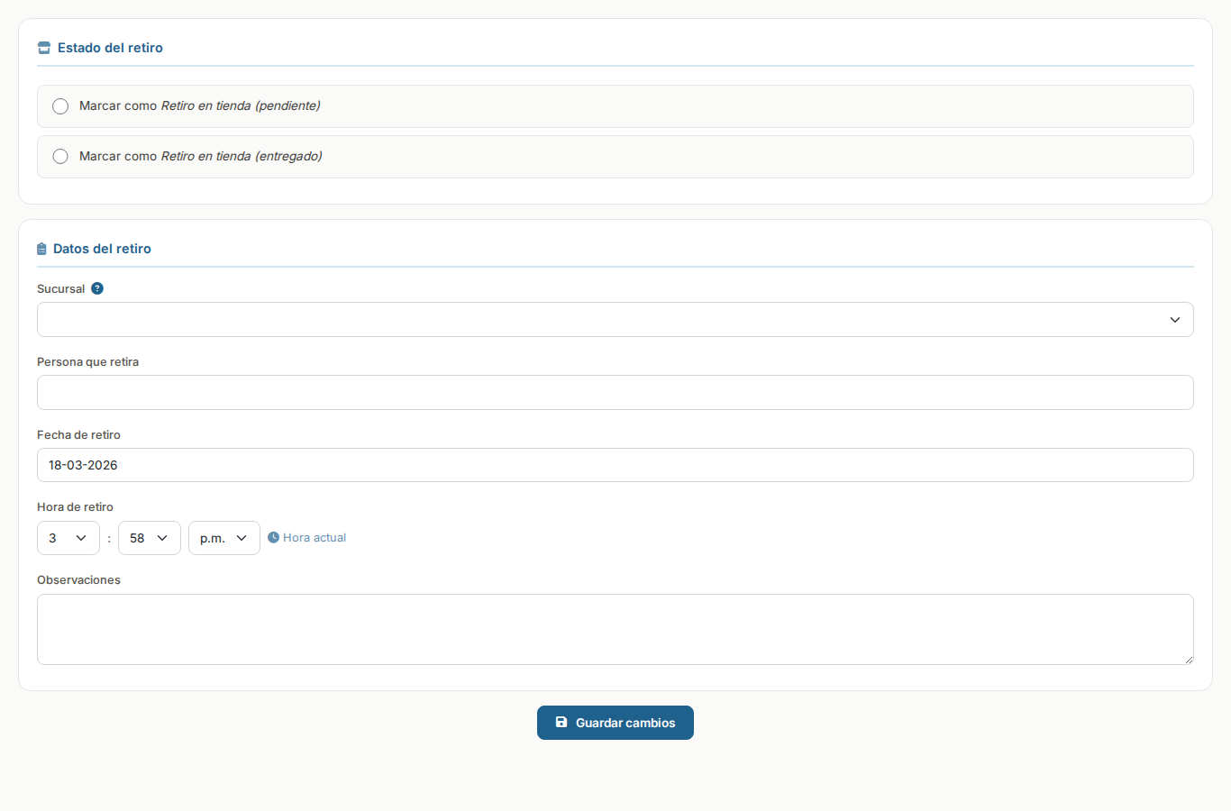 Formulario de retiro en tienda