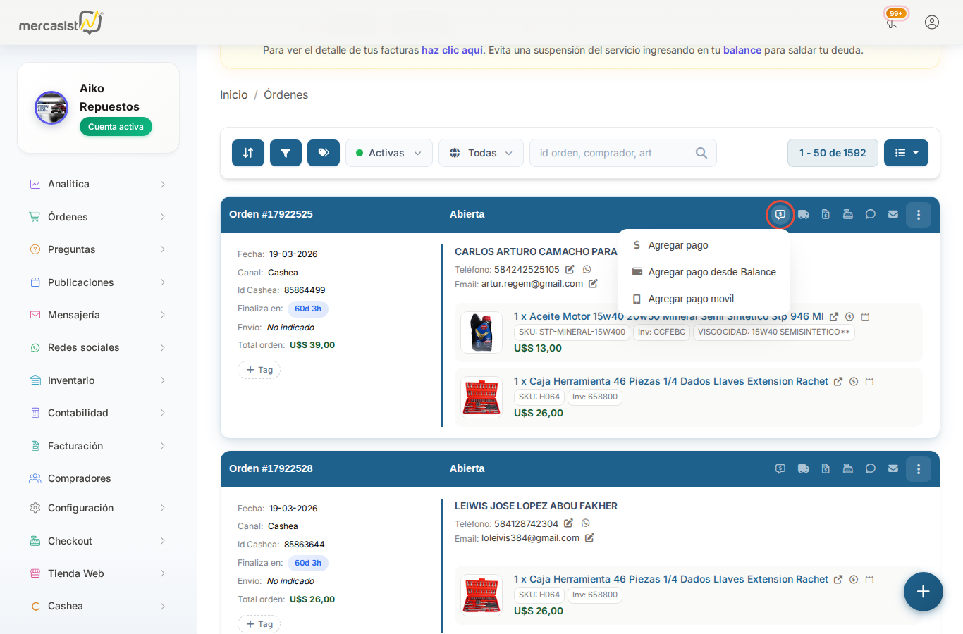 Dropdown de opciones de pago