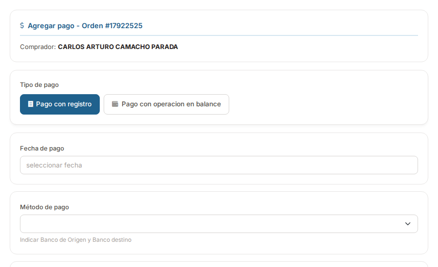 Formulario de pago con registro