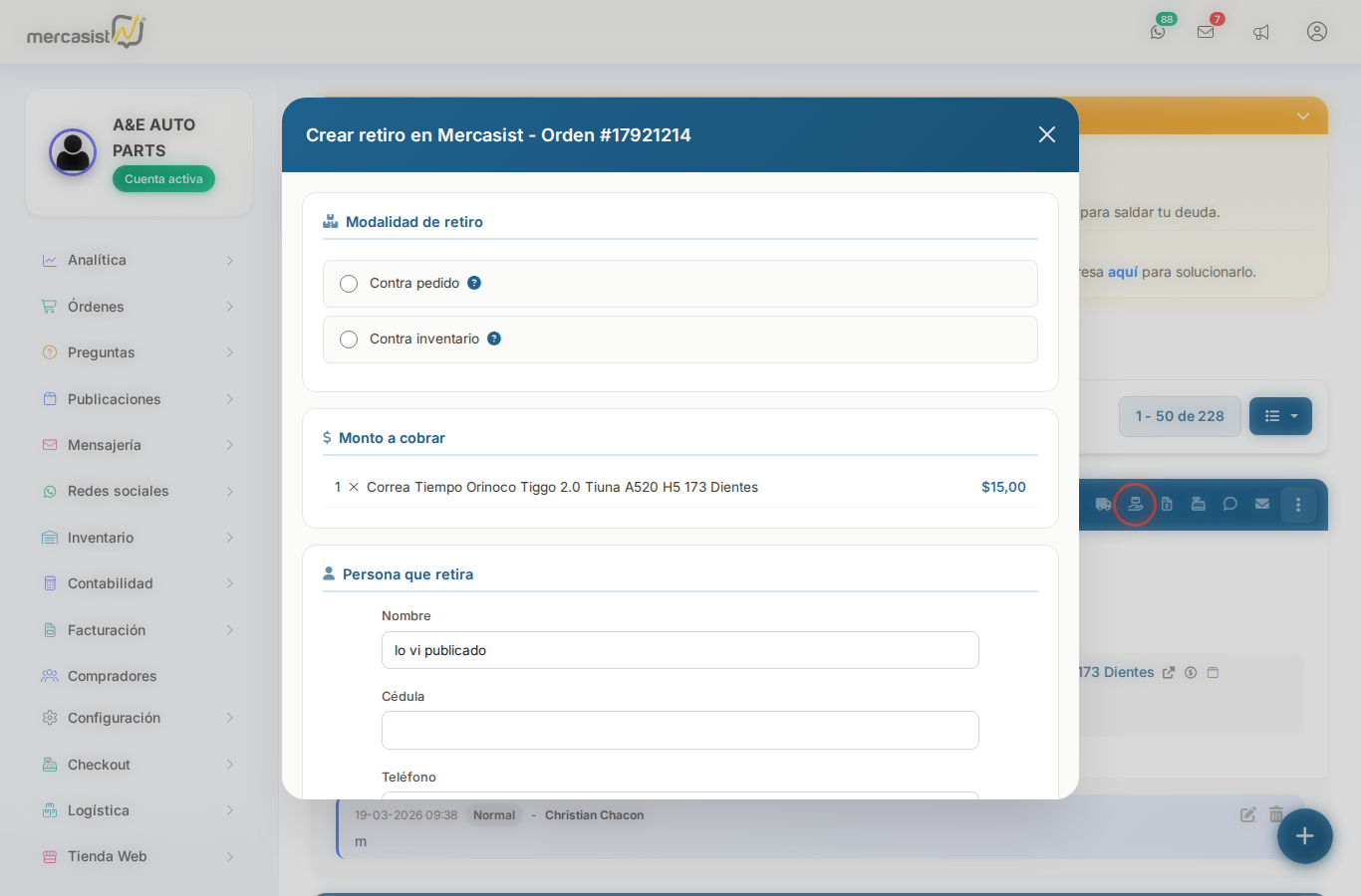 Formulario crear retiro