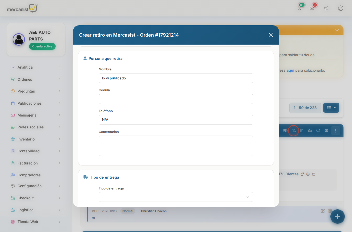 Seccion persona que retira y tipo de entrega