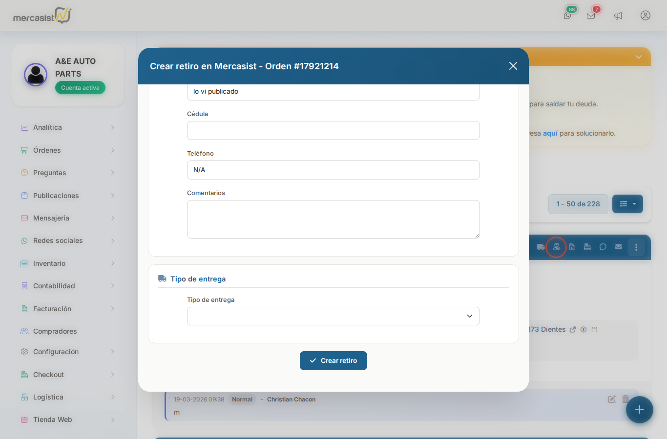 Selector de tipo de entrega