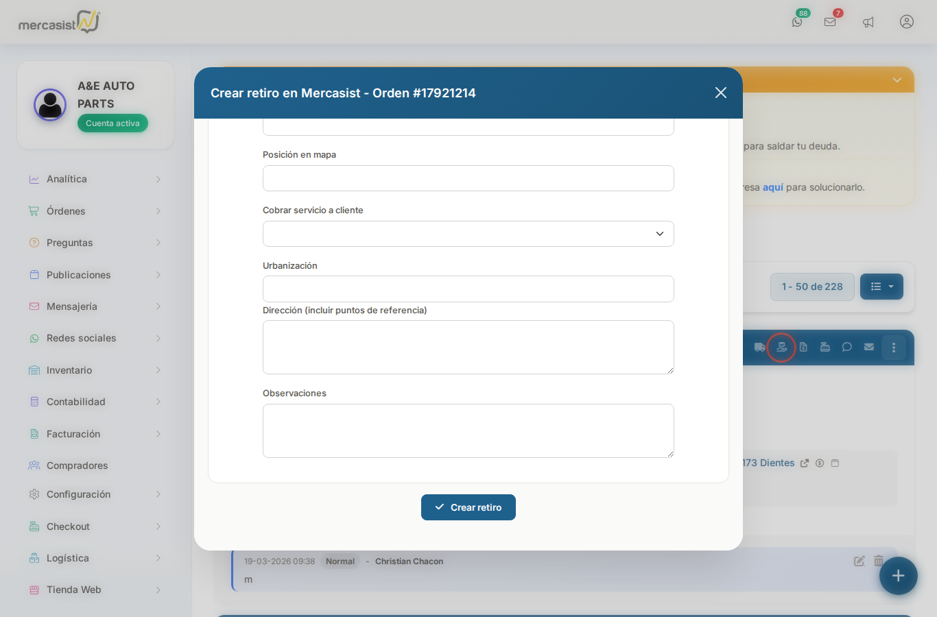 Formulario envio motorizado