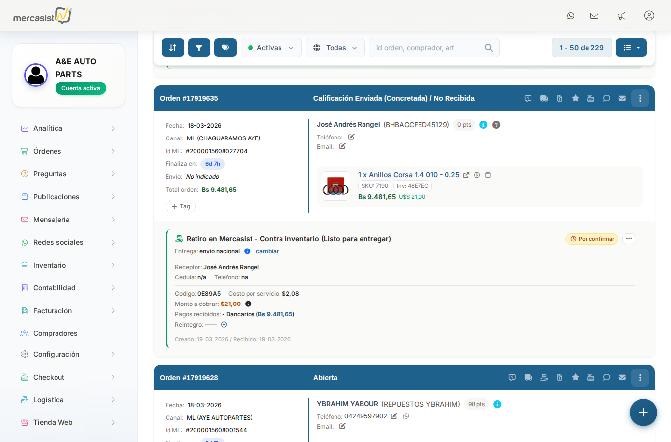 Panel de retiro existente en la orden