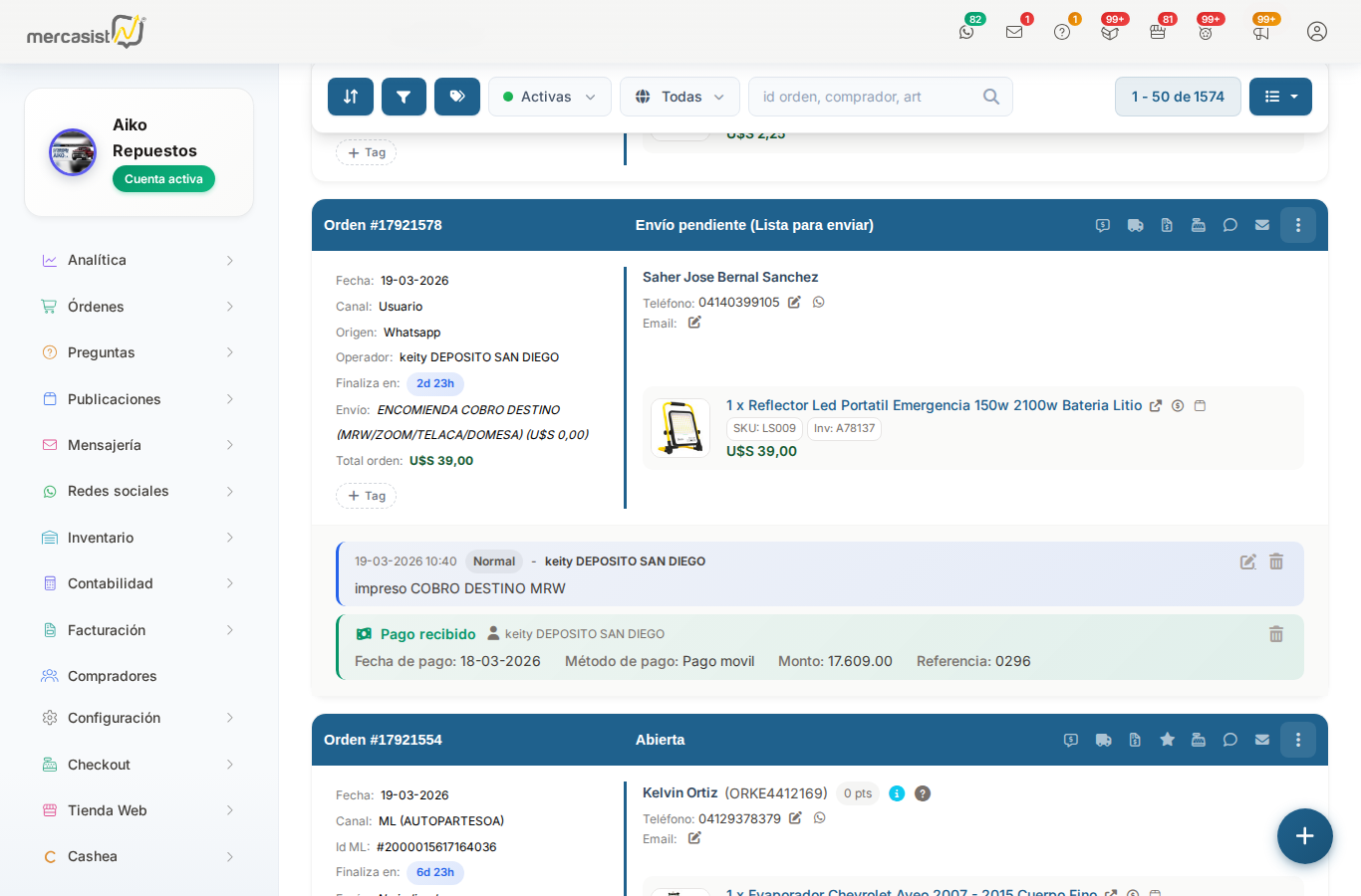 Orden con indicador de nota