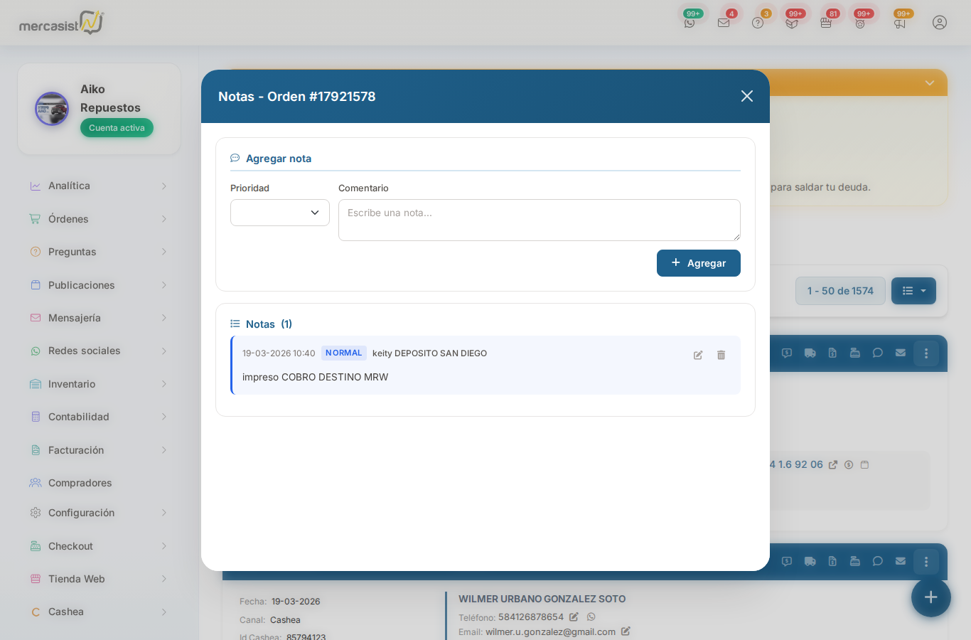 Modal de notas con datos