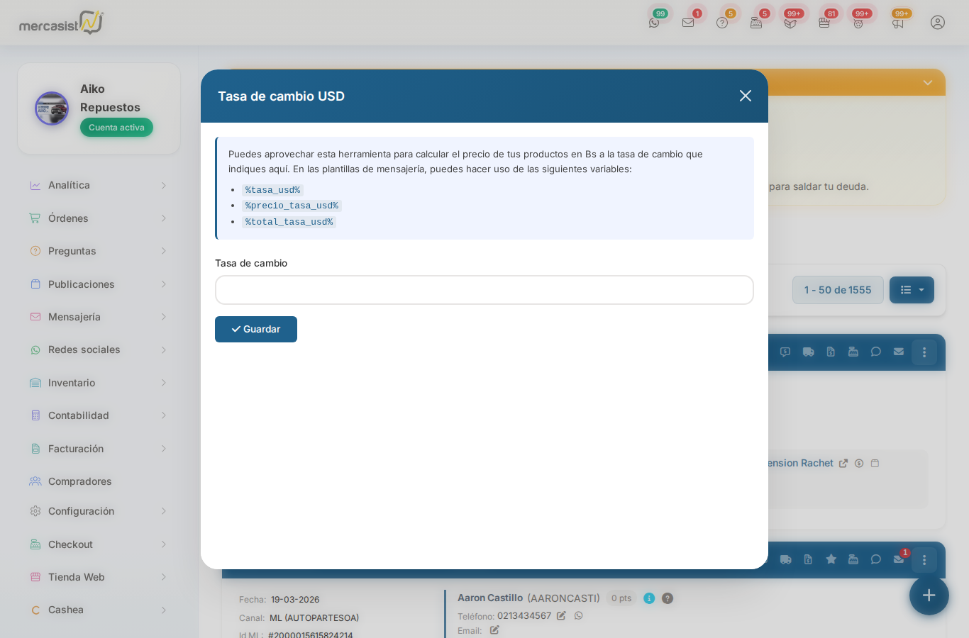 Modal de Tasa de cambio USD vacio