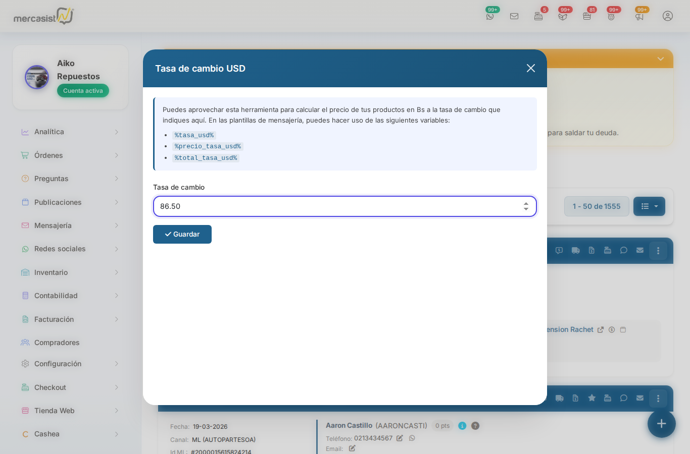 Modal con tasa 86.50 ingresada