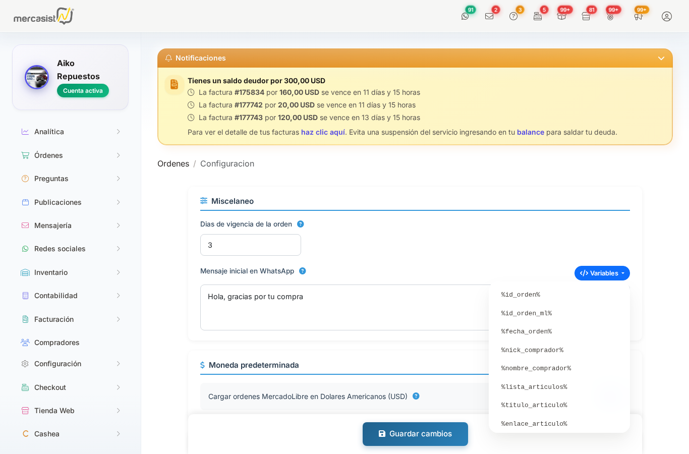 Dropdown de variables WhatsApp