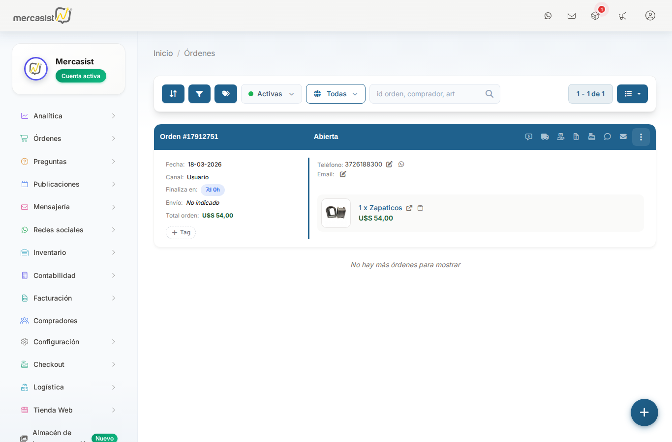 Vista general de la pagina de ordenes