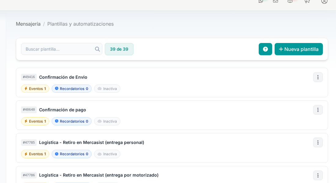 Listado de plantillas de mensajería mostrando nombre, eventos, recordatorios y estado