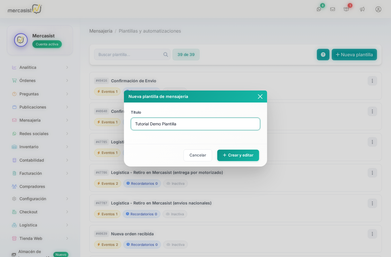 Modal para ingresar el nombre de la nueva plantilla