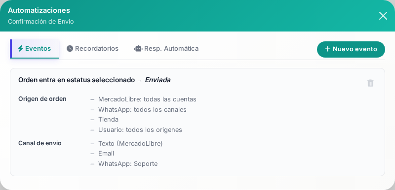 Pestaña de eventos mostrando un evento configurado con origen de orden y canal de envío