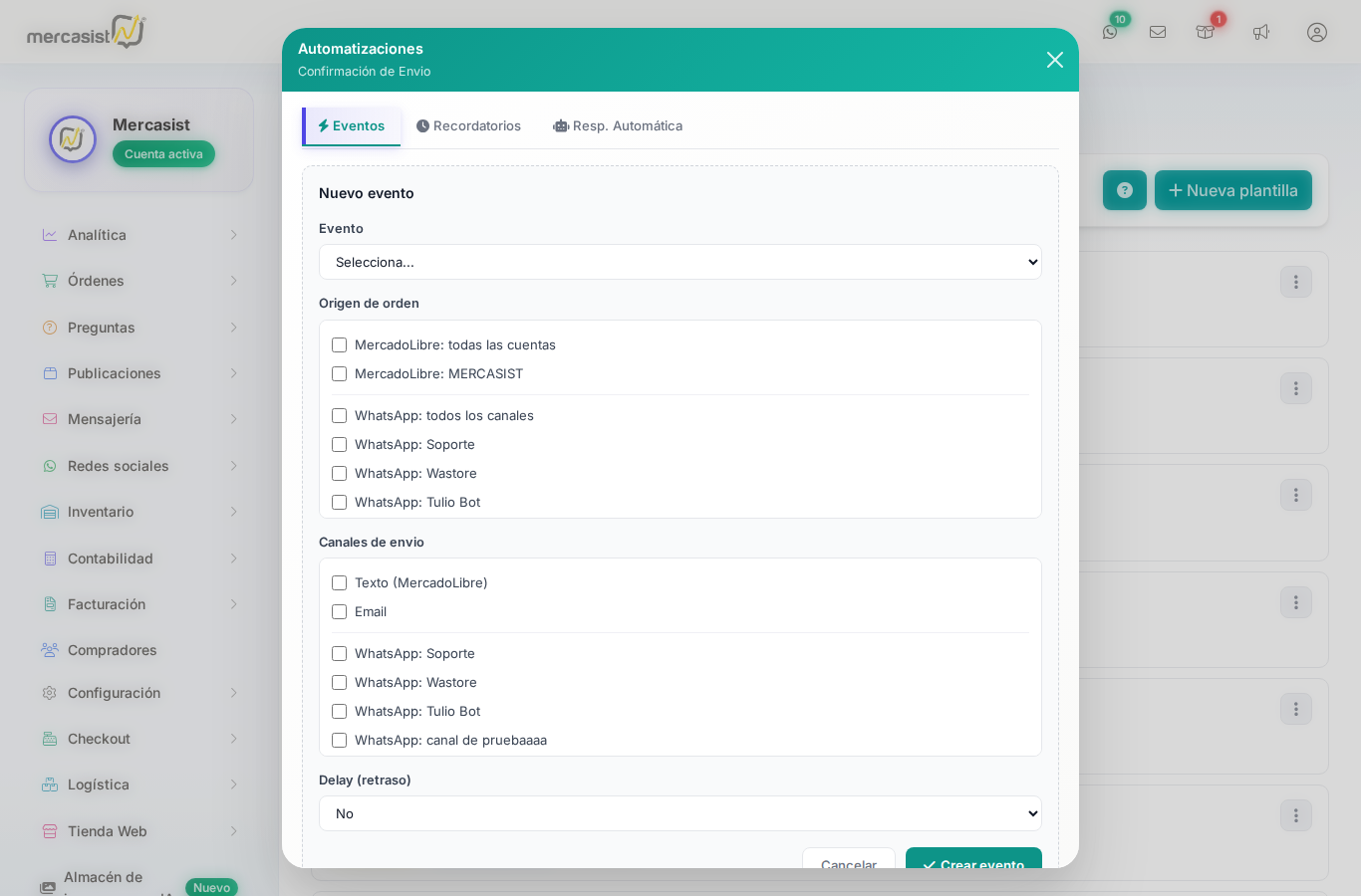Formulario de nuevo evento mostrando campos de evento, origen de orden, canales de envío y delay
