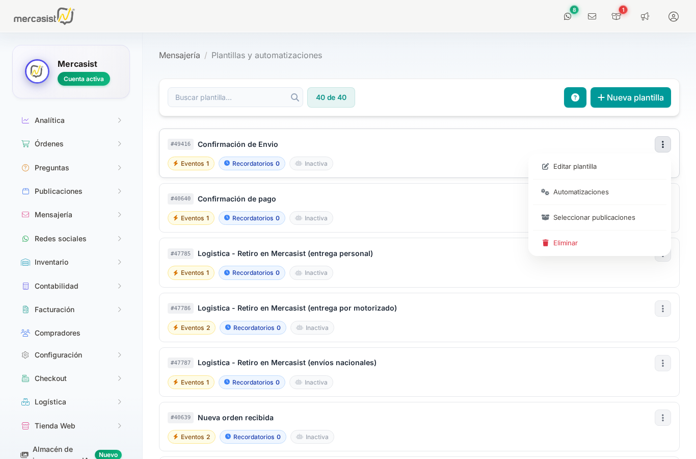 Menú de tres puntos mostrando opciones: Editar plantilla, Automatizaciones, Seleccionar publicaciones, Eliminar