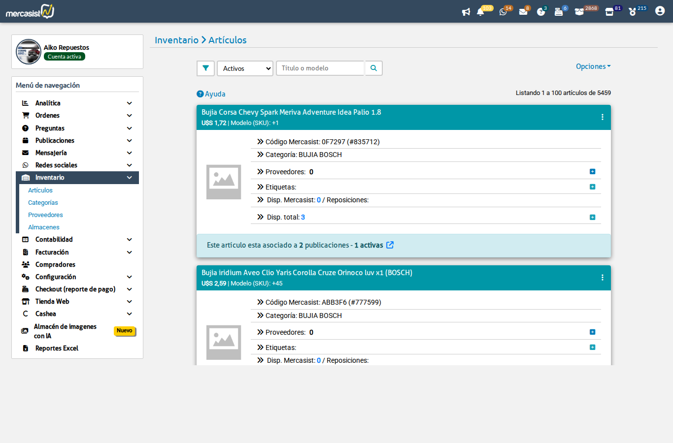 Menu Inventario con opcion Proveedores