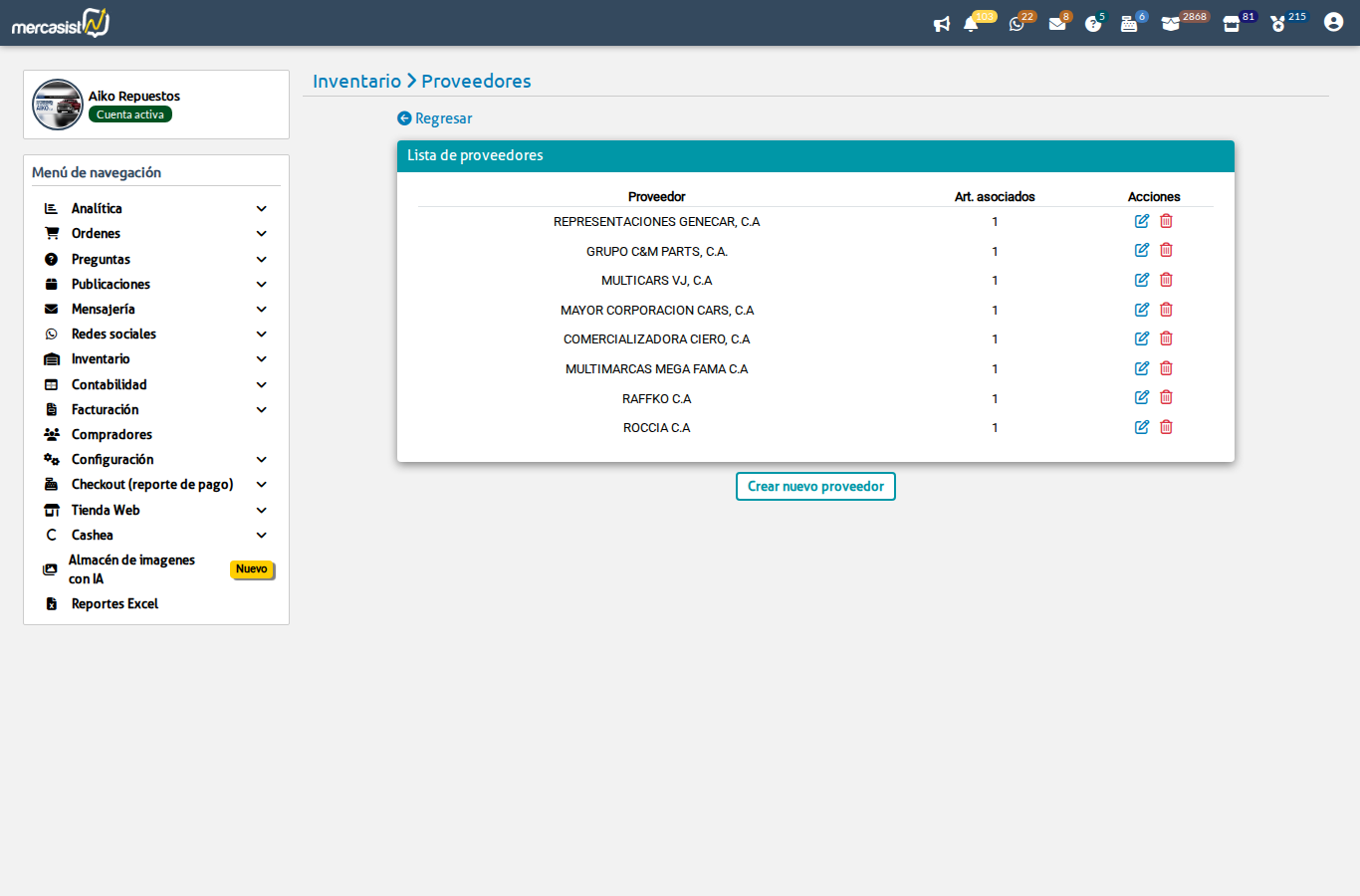 Lista de proveedores