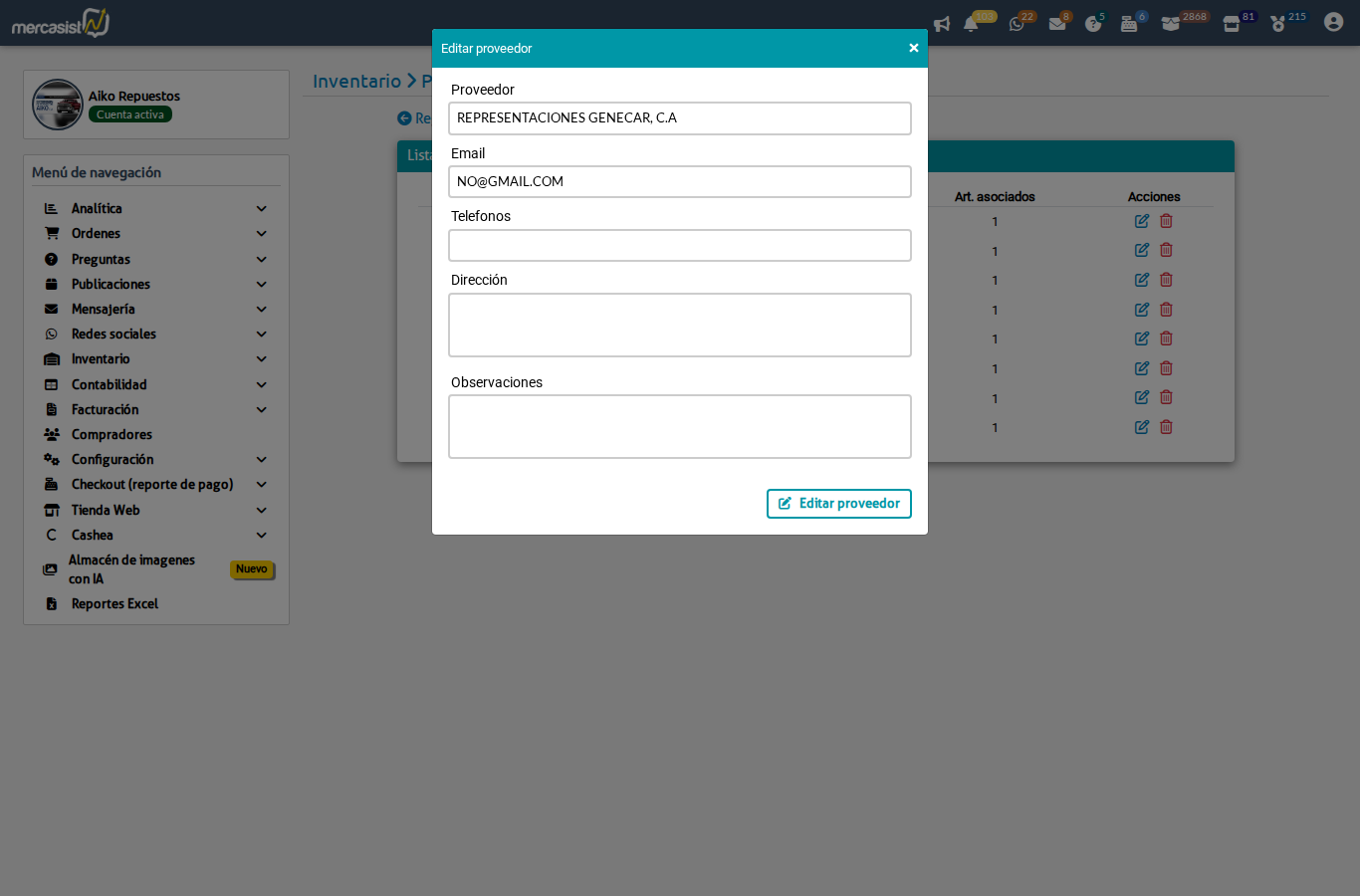 Formulario editar proveedor