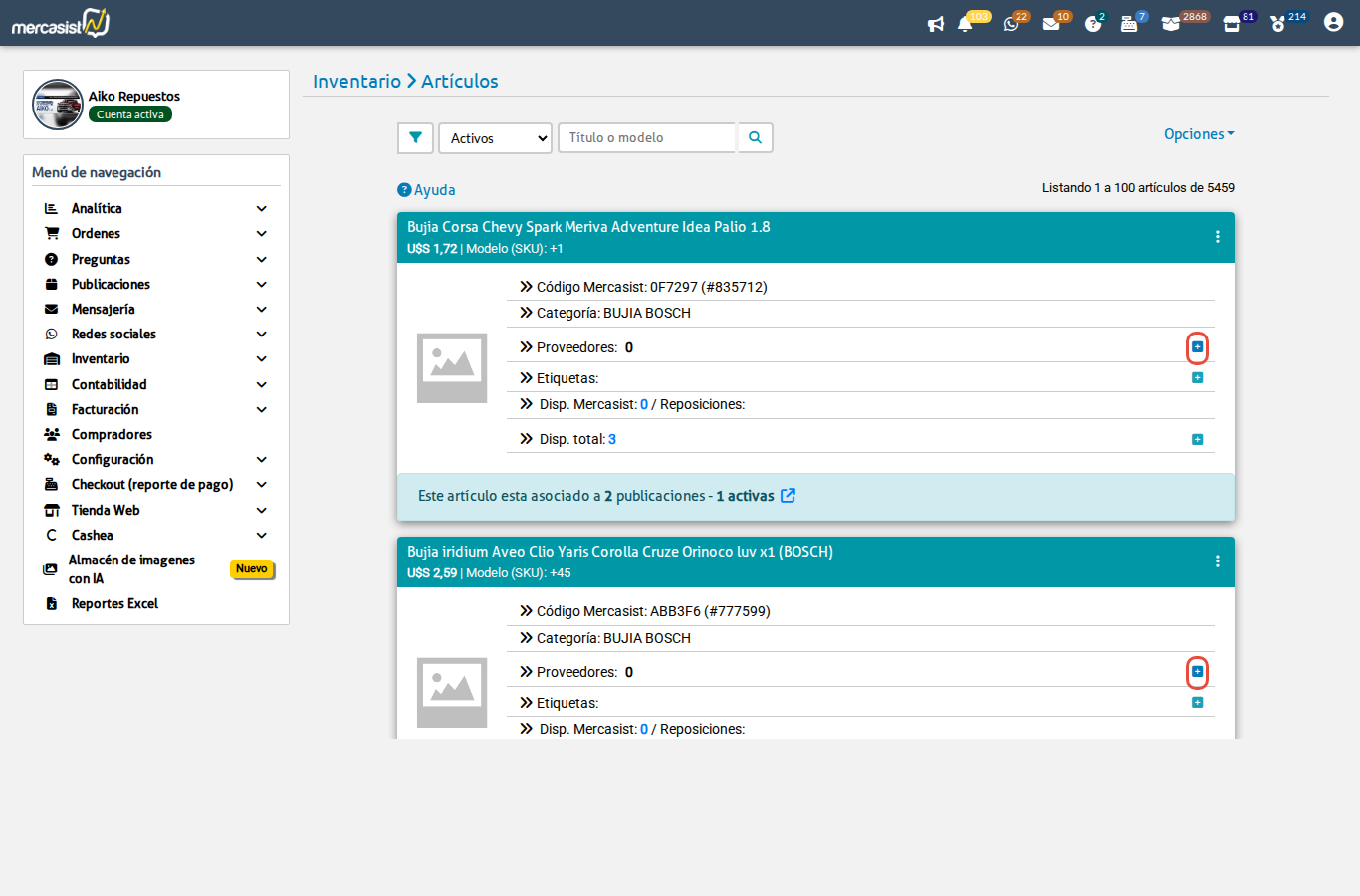 Lista de articulos con icono de proveedor