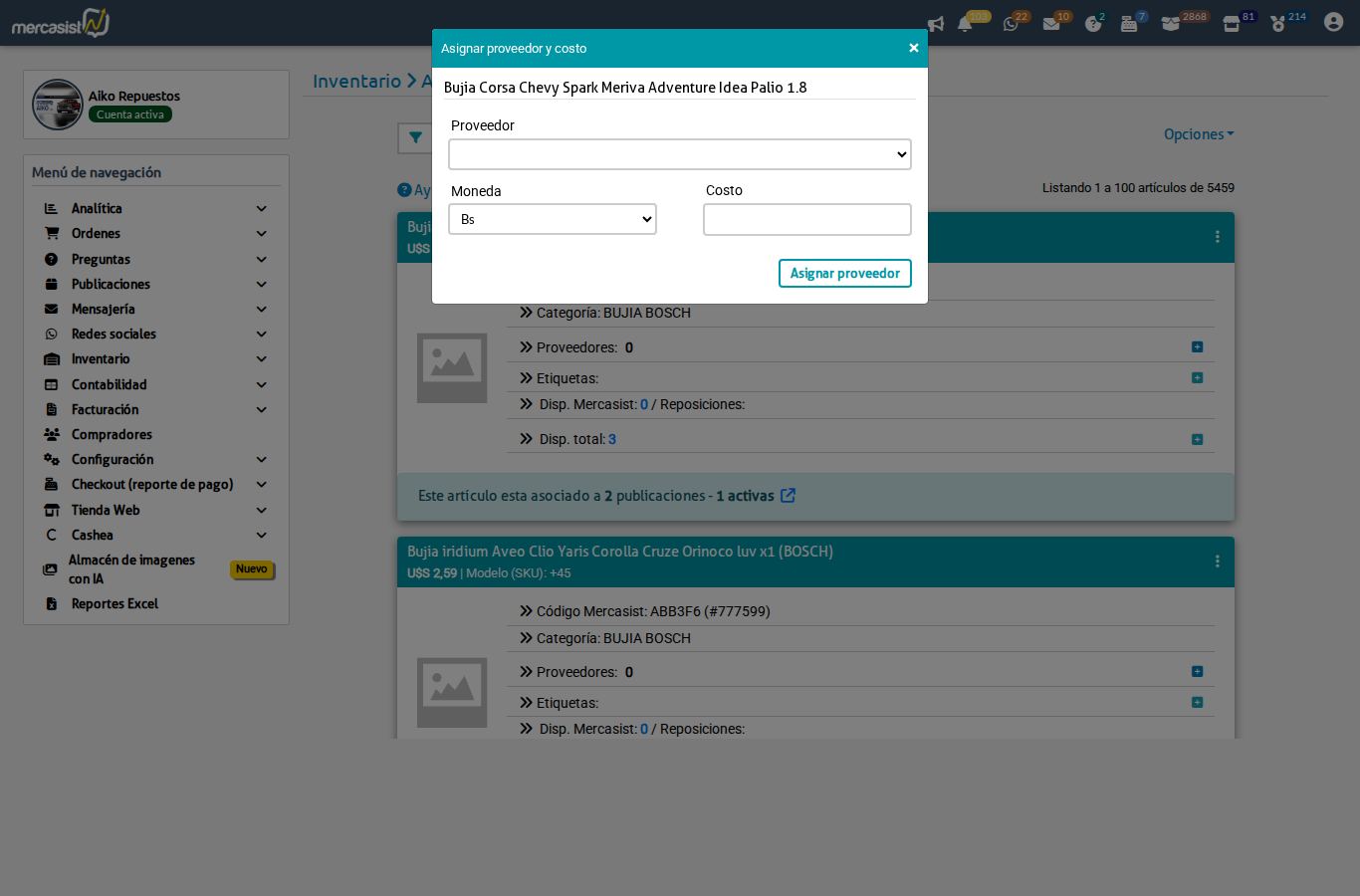 Modal asignar proveedor a articulo