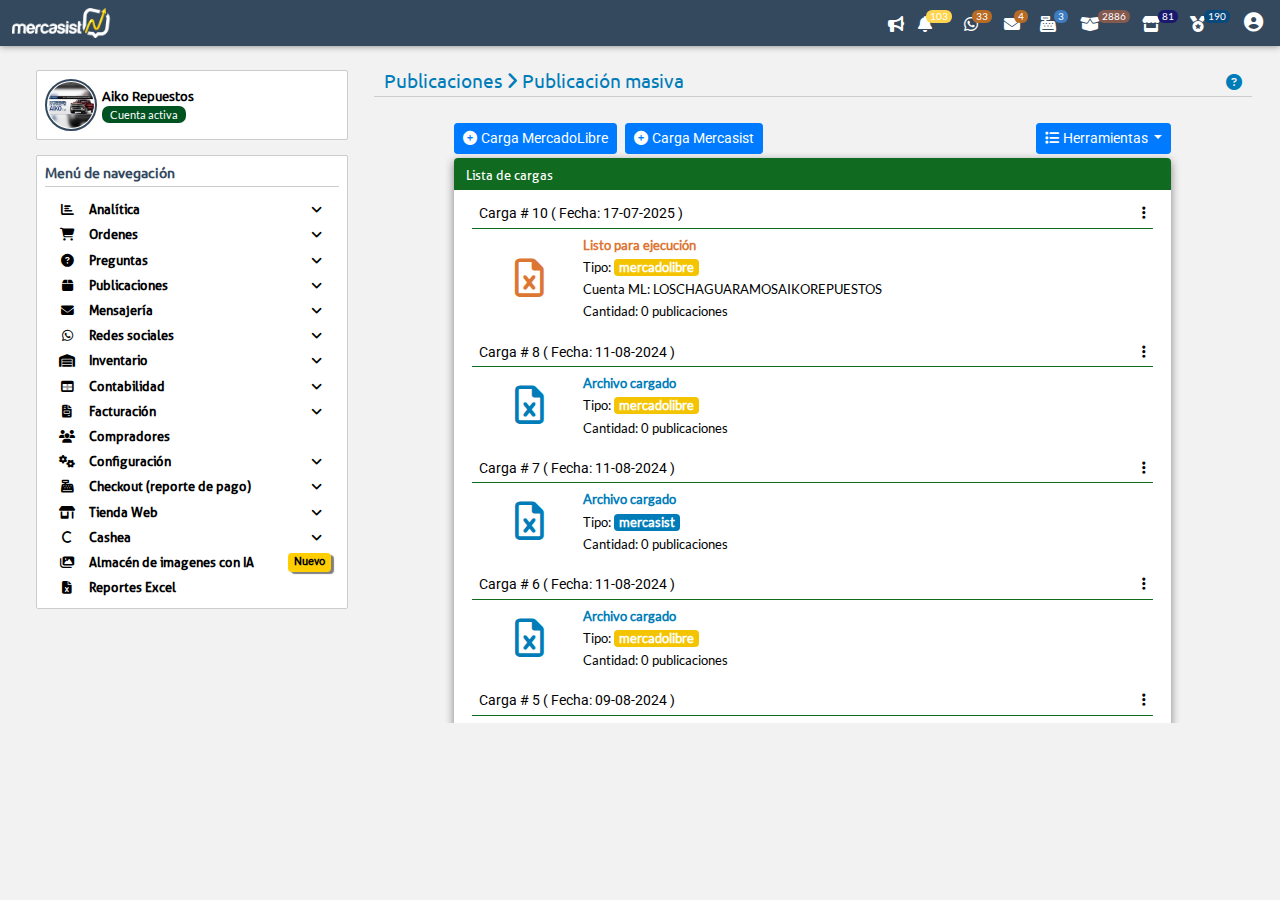 Pagina principal del Publicador Masivo